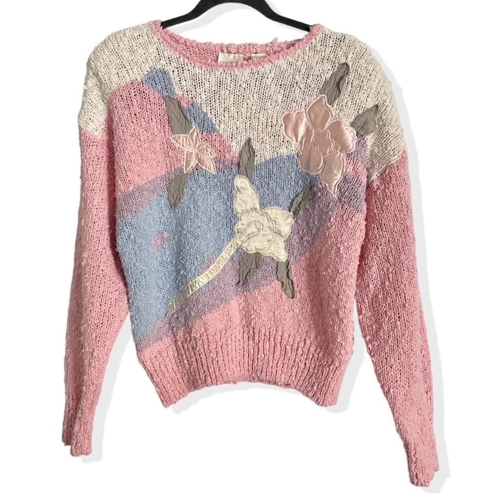 vintage 80s pink pastel floral appliqué knit grandma sweater Boucle curl…